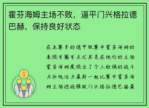 霍芬海姆主场不败，逼平门兴格拉德巴赫，保持良好状态