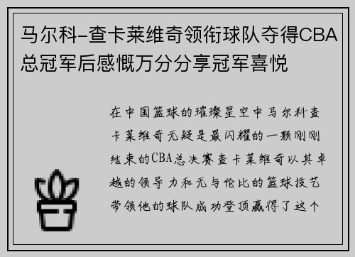 马尔科-查卡莱维奇领衔球队夺得CBA总冠军后感慨万分分享冠军喜悦