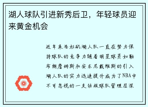 湖人球队引进新秀后卫，年轻球员迎来黄金机会