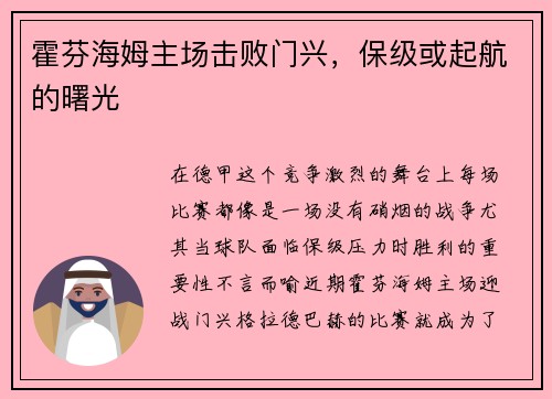 霍芬海姆主场击败门兴，保级或起航的曙光