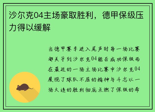 沙尔克04主场豪取胜利，德甲保级压力得以缓解