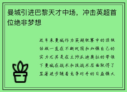 曼城引进巴黎天才中场，冲击英超首位绝非梦想