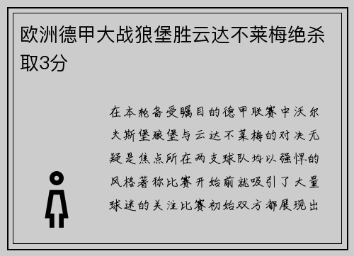 欧洲德甲大战狼堡胜云达不莱梅绝杀取3分