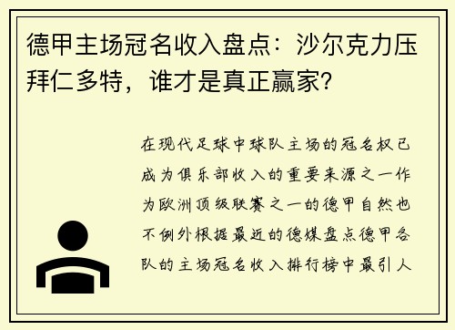 德甲主场冠名收入盘点：沙尔克力压拜仁多特，谁才是真正赢家？