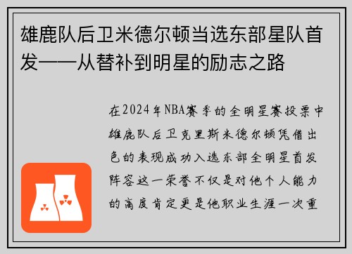 雄鹿队后卫米德尔顿当选东部星队首发——从替补到明星的励志之路