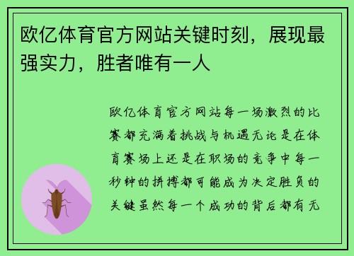 欧亿体育官方网站关键时刻，展现最强实力，胜者唯有一人